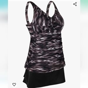 JINXUEER Ruched Black  Patterned Skirt Tankini Set Size 26W